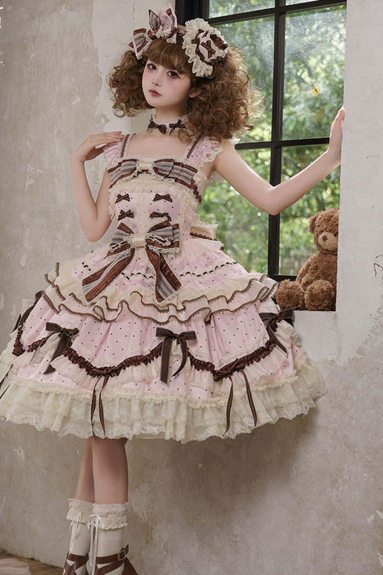 Pink Shengqiao Tata Sleeveless Print Ruffle Bowknot Lace-Up Sweet Elegant Lolita Jsk Dress