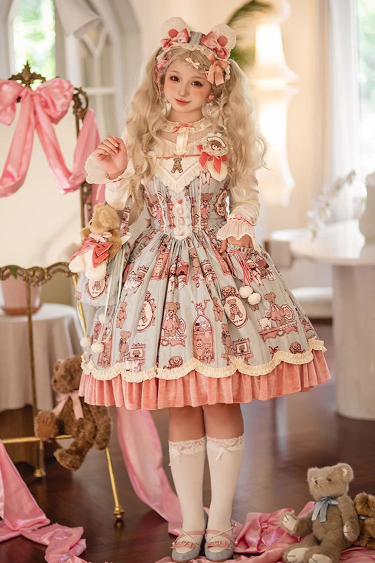 Pink/Green Bear Doll Wall Print Ruffle Embroidery Bowknot Sweet Lolita Jsk Dress