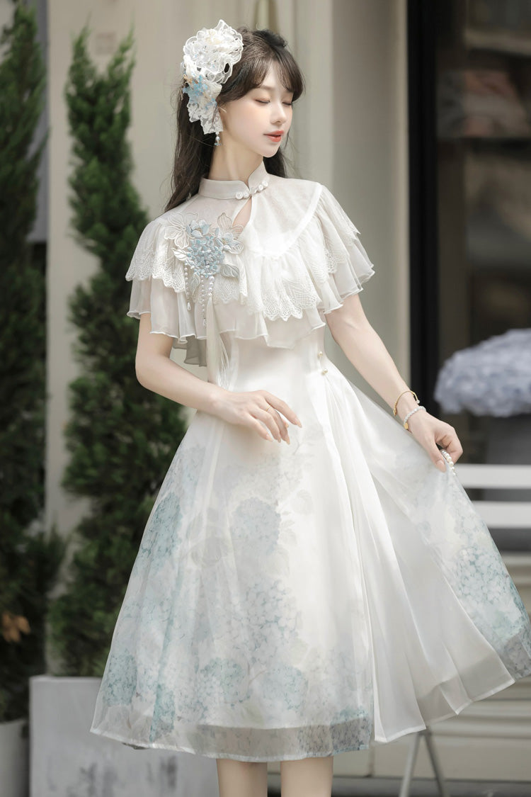 White Hydrangea Message Short Sleeves Print Ruffle Lace Sweet Chinese Style Elegant Lolita Short Dress