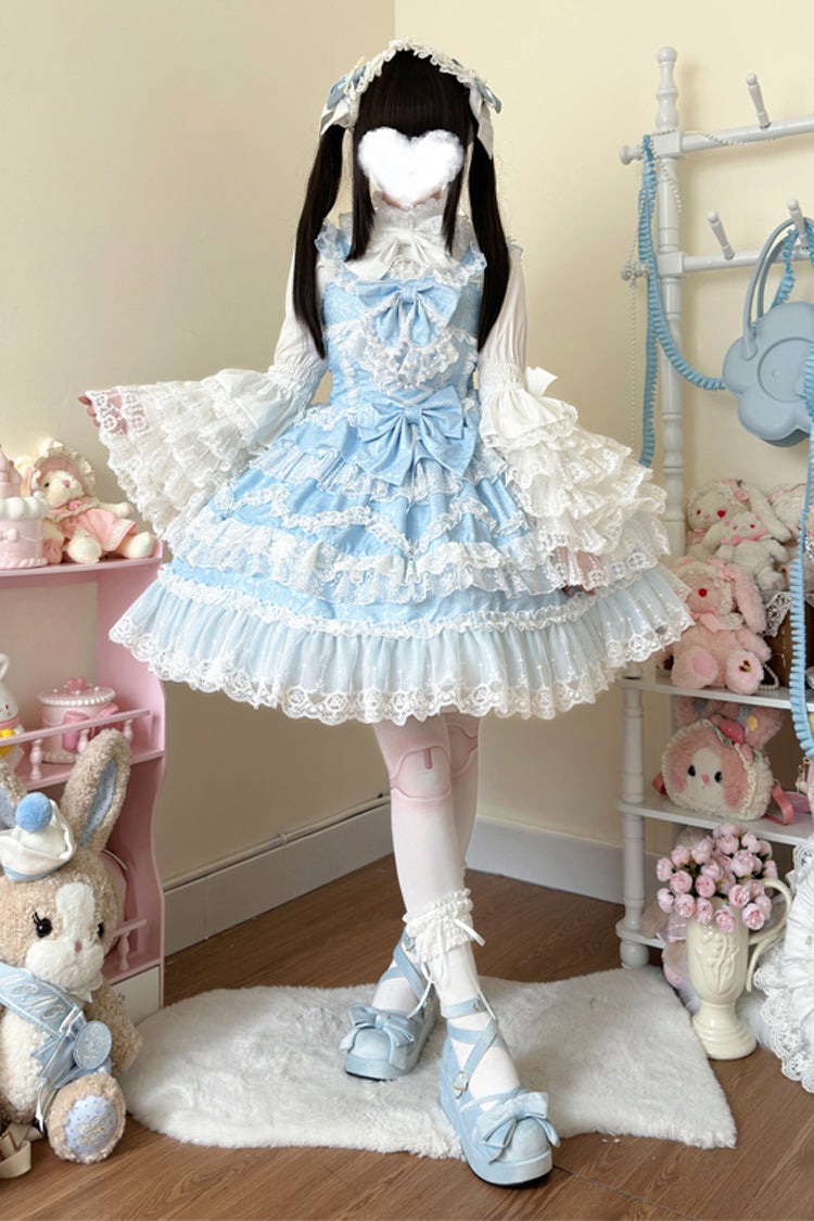 Blue Love and Heart Flutter Sleeveless Multi-Layered Ruffle Bowknot Lace Pearl Sweet Lolita Jsk Dress