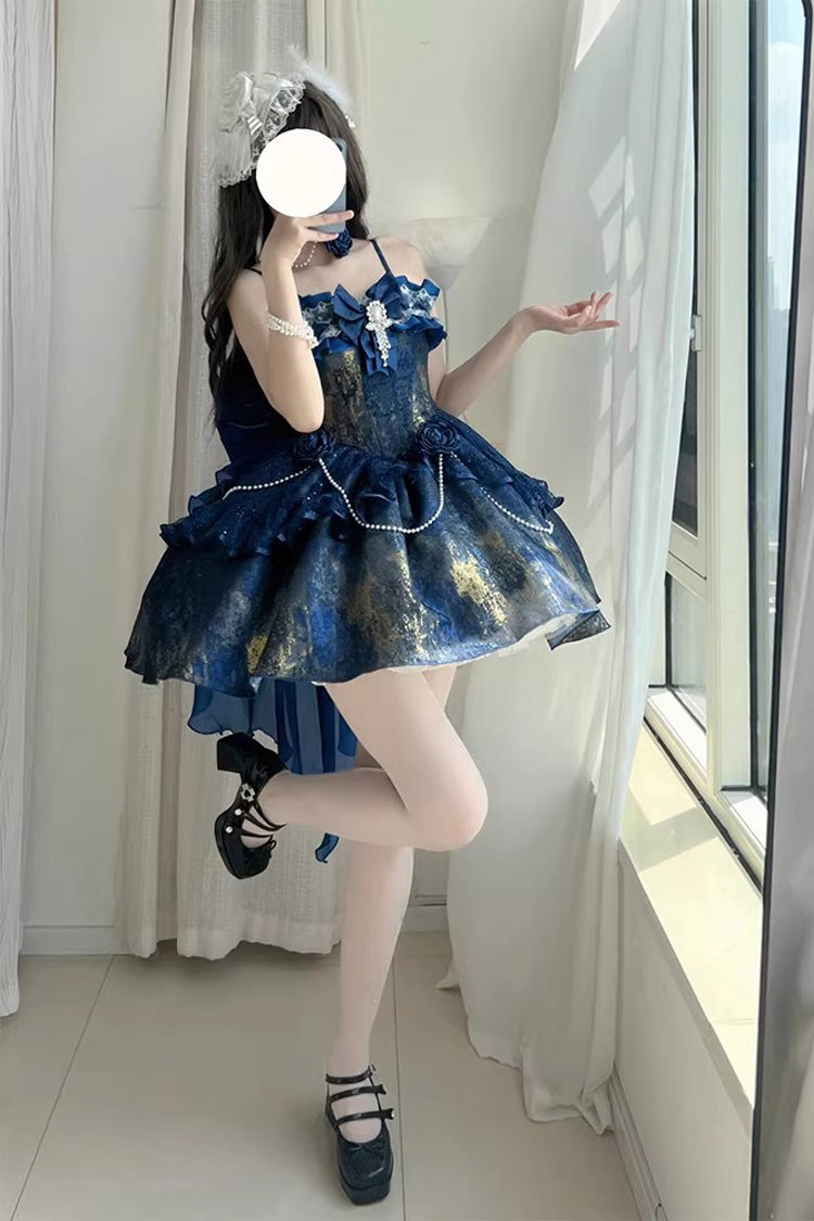 Cosmic Shimmer Halterneck Oil Printed Ruffled Bow Lace Pearl-Decorated Sweet Princess Lolita Short Jsk Dress 2 Colors