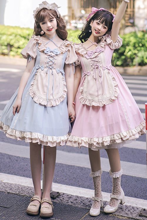 Round Collar Puff Doll Short Sleeves High Waist Bowknot Sweet Lolita Op Dress