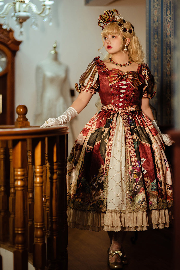 Red Kaleidoscope of Dreams Double-Layered Print Embroidery Bowknot Lace-Up Classic Vintage Gorgeous Lolita Dress