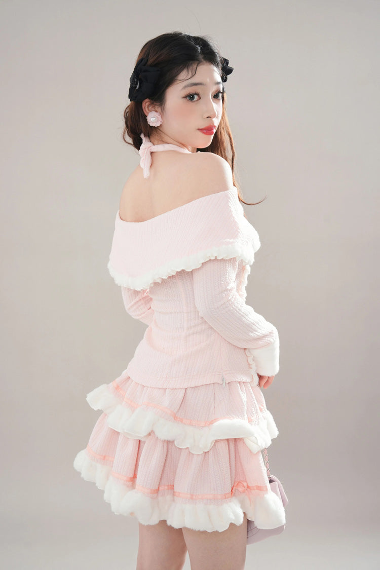 Pink Long Sleeves Ruffle Bowknot Lace Sweet Princess Lolita Tiered Top Skirt Set