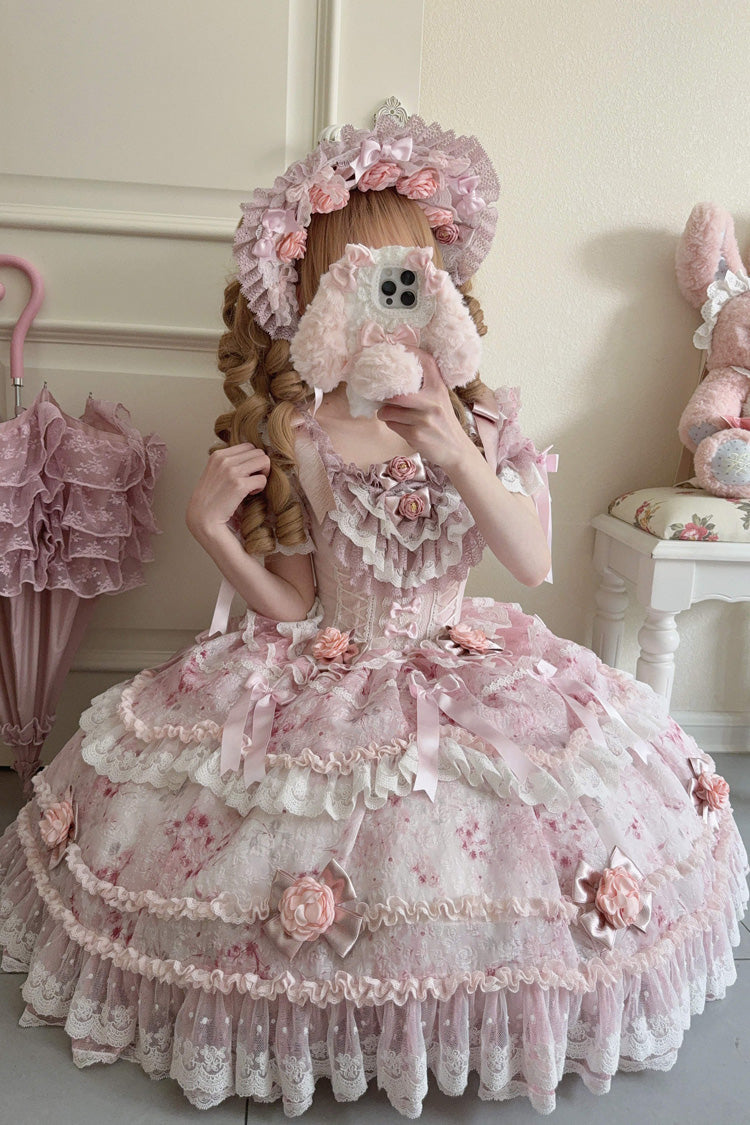 Pink Rose Manor Short Puff Sleeves Ruffle Bowknot Lace Sweet Japanese Princess Lolita Dress