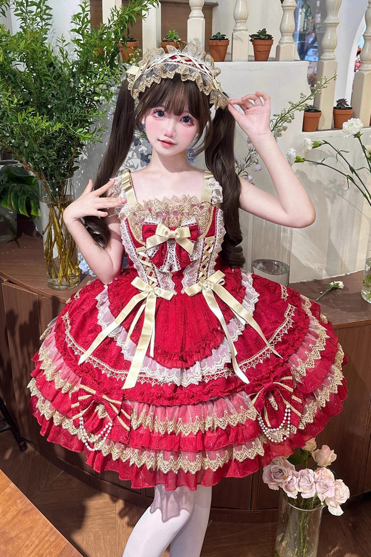 Red Gilded Memories Sleeveless Double-Layered Ruffle Hot Stamping Bowknot Lace Sweet Lolita Jsk Dress