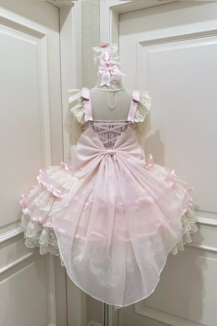 Pink Rose Feather Waltz Sleeveless Triple-Layered Ruffle Bowknot Lace Sweet Ballet Lolita Jsk Dress