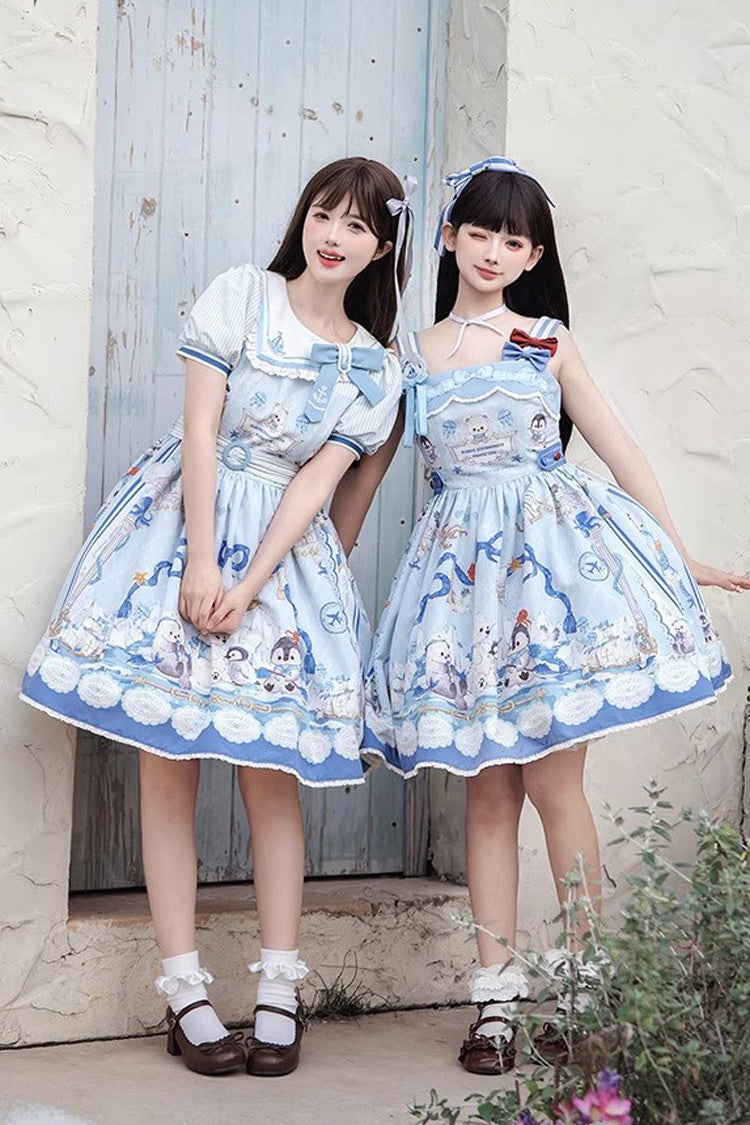 Blue Penguin Navy Short Sleeves Print Ruffle Bowknot Sweet Princess Lolita Dress