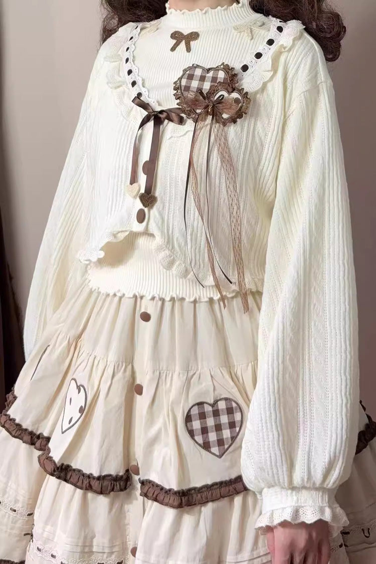 Ivory Lovely Heart Triple-Layered Ruffle Embroidery Bowknot Sweet Elegant Lolita Skirt