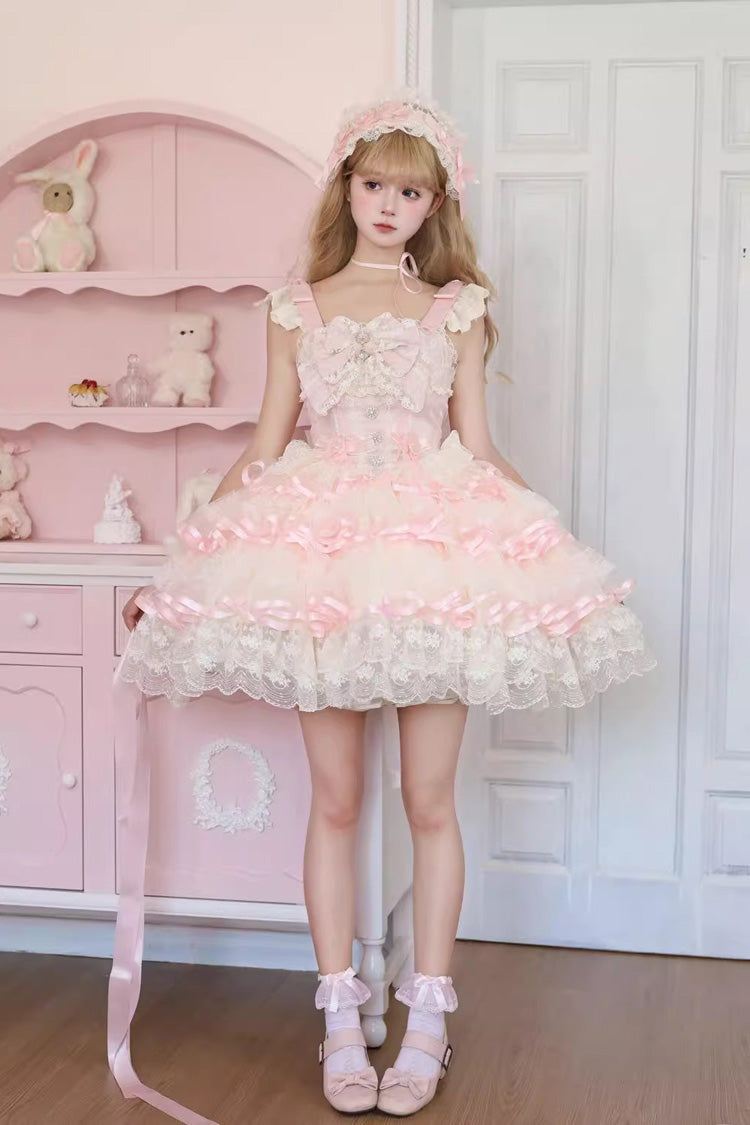Pink Rose Feather Waltz Sleeveless Triple-Layered Ruffle Bowknot Lace Sweet Ballet Lolita Jsk Dress