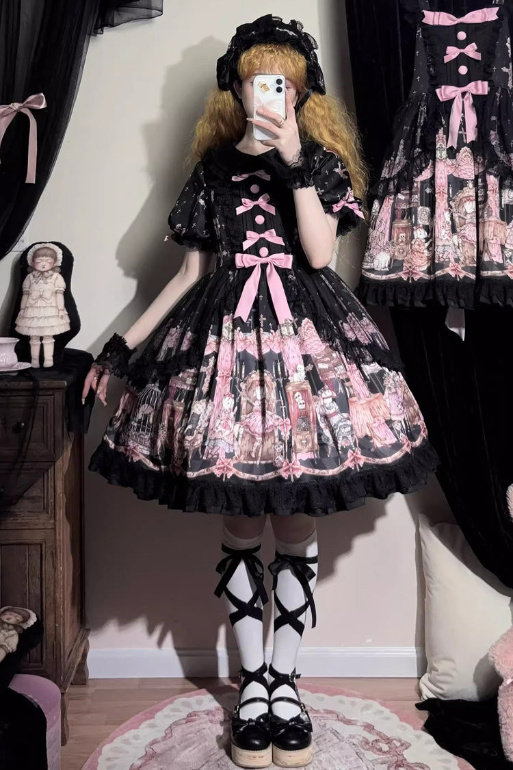 Black The Case of the Missing Lamb Print Long Sleeves Ruffle Bowknot Lace Gothic Lolita Dress