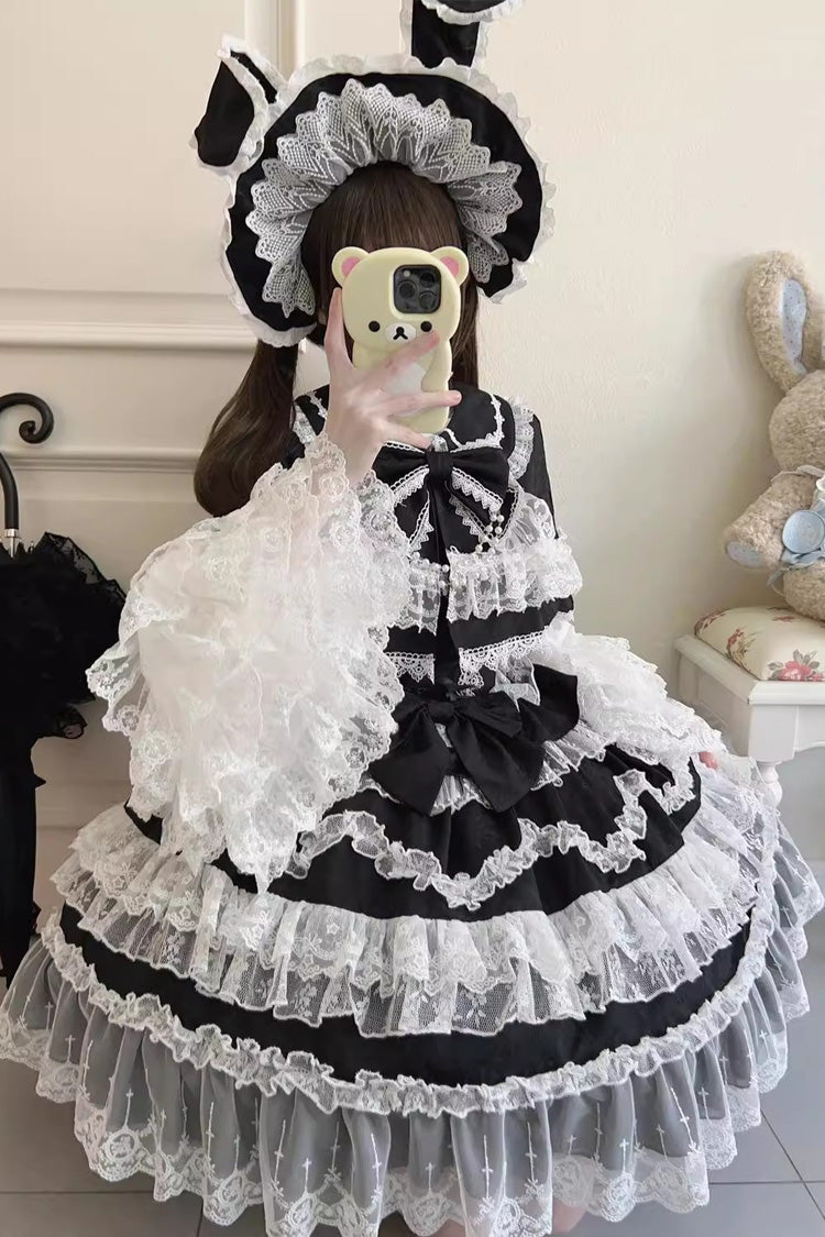Black Love and Heart Flutter Sleeveless Multi-Layered Ruffle Bowknot Lace Pearl Sweet Lolita Jsk Dress