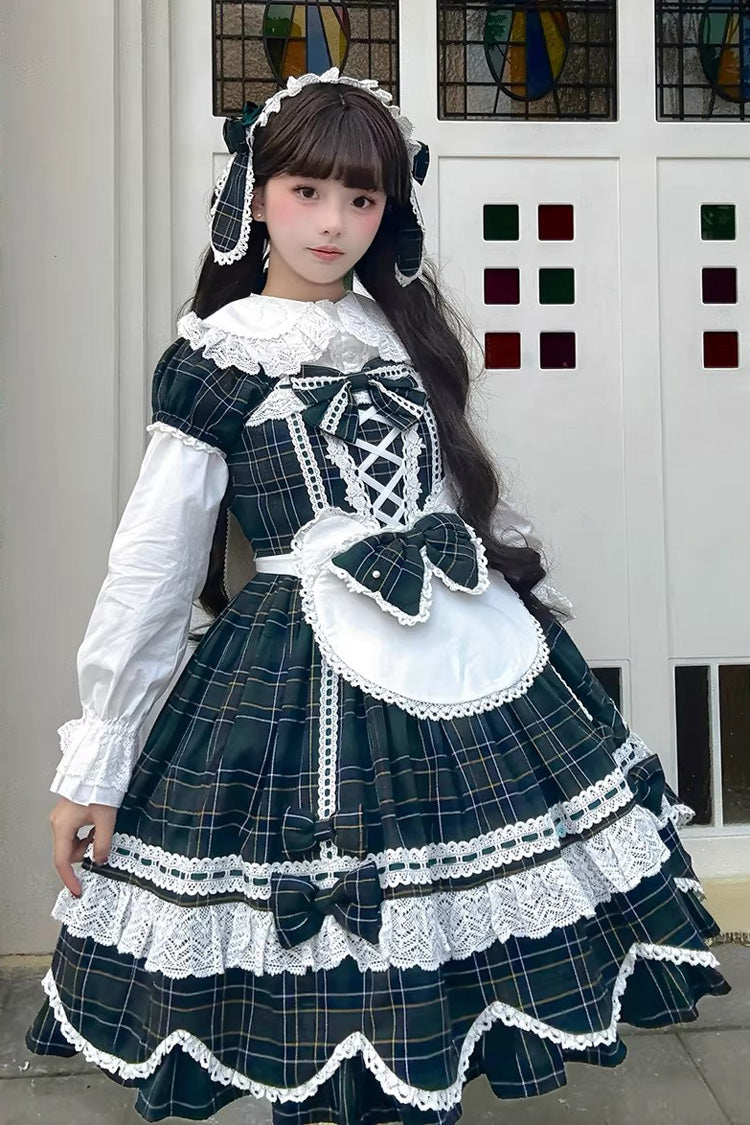 Green Gingham Petal Bunny Short Sleeves Printed Ruffled Bow Sweet Lolita OP Dress