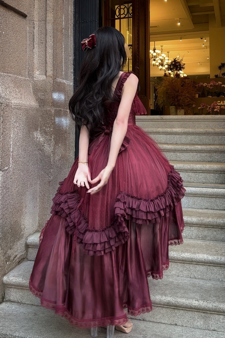 Red Square Collar Sleeveless Ruffled Bow Lace-Up Classic Elegant Princess Lolita Jsk Dress