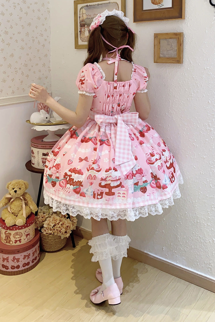 Pink Strawberry Parfait Print Short Sleeves Ruffle Bowknot Lace Lace-Up Sweet Lolita Dress
