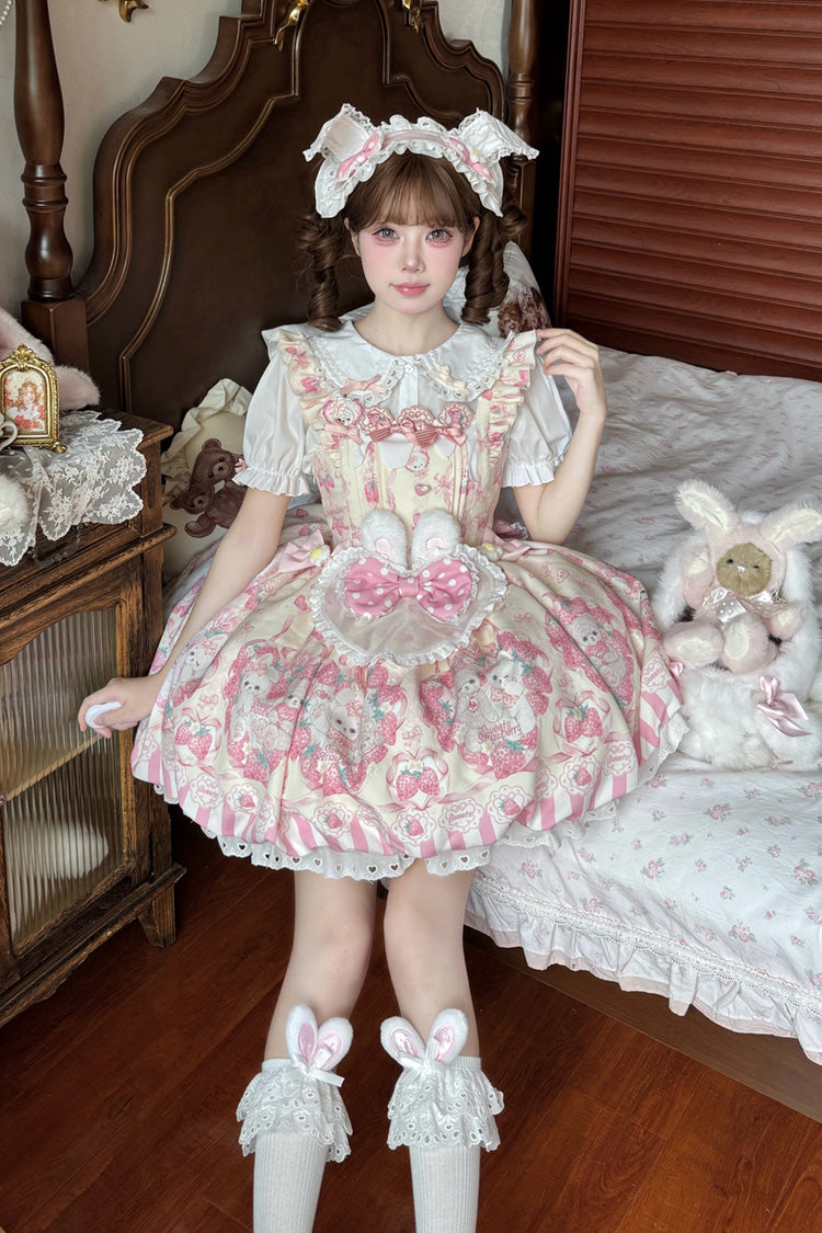 Cream Rabbit Strawberry Print Sleeveless Bowknot Sweet Lolita Jsk Dress 2 Colors