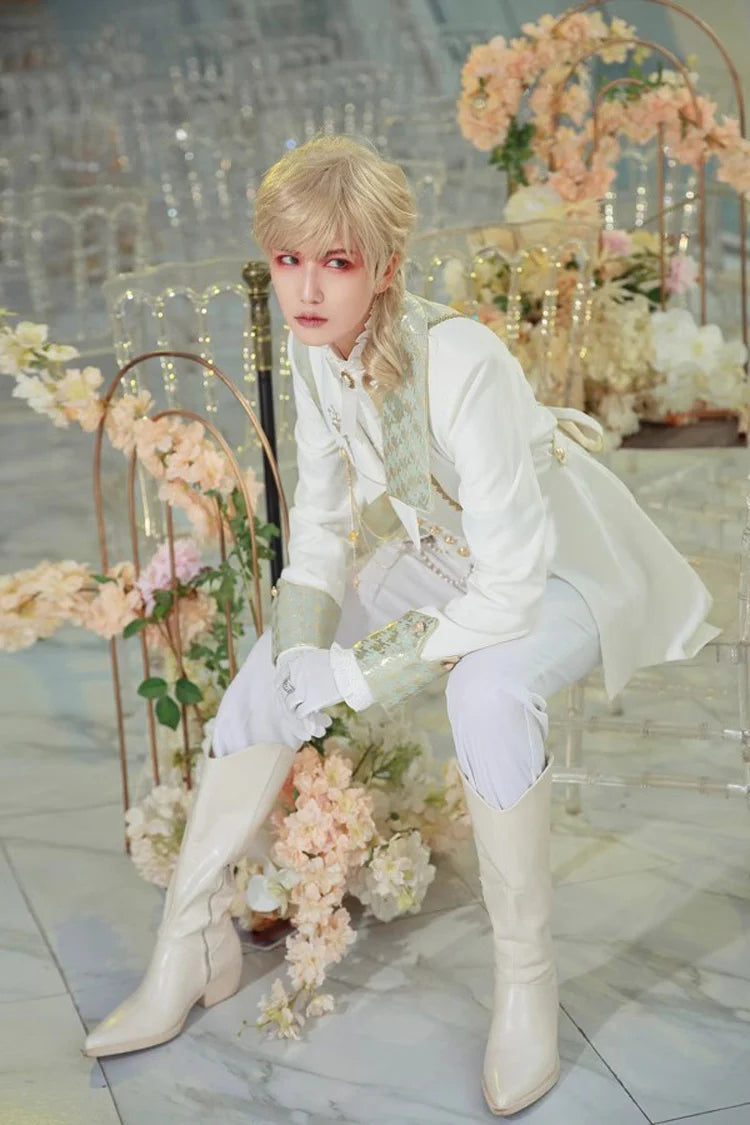 White Eternal Rose Knight Stand Collar Long Sleeves Ruffle Vintage Elegant Prince Handsome Lolita Blouse