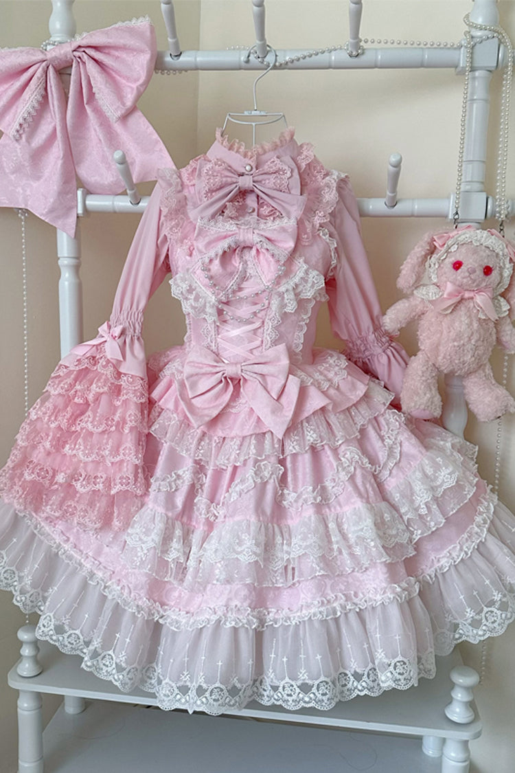 Pink Love and Heart Flutter Sleeveless Multi-Layered Ruffle Bowknot Lace Pearl Sweet Lolita Jsk Dress