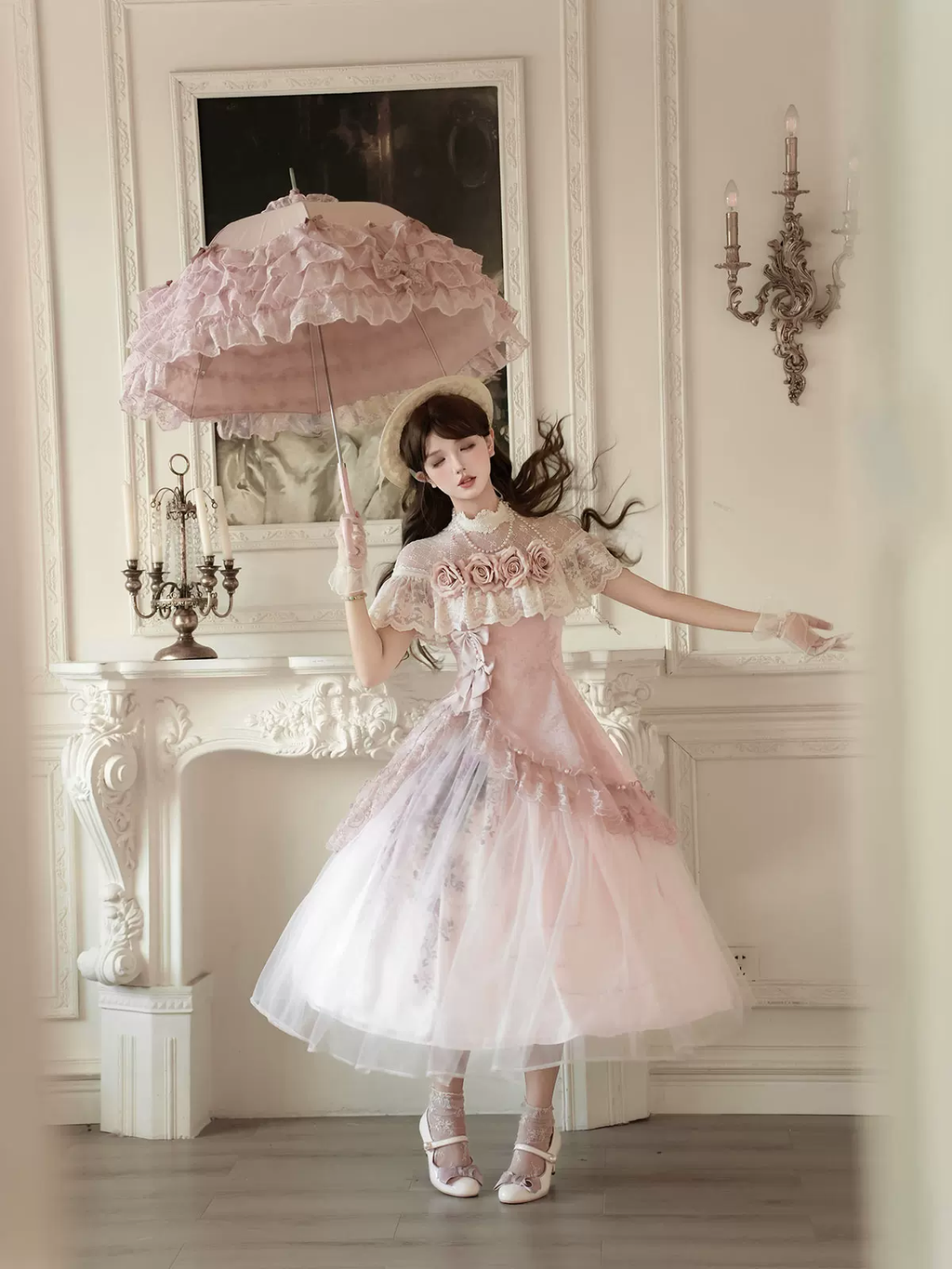Pink Floral Mesh Lace Ruffled Rose Sweet Princess Vintage Lolita Dress