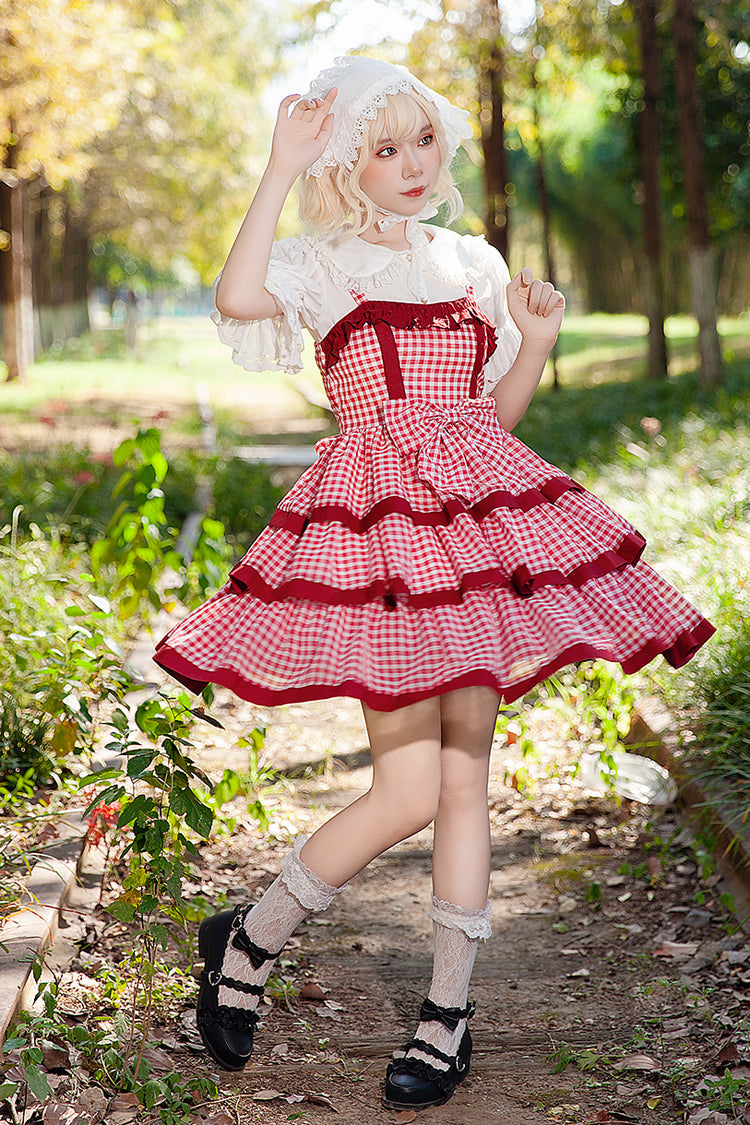 Red Cloth Cat Triple-Layered Plaid Print Ruffle Bowknot Sweet Lolita Dress