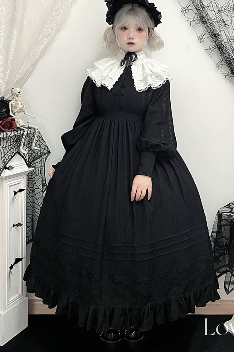Black/White Quiet Place Long Sleeves Jacquard Ruffle Embroidery Bowknot Gothic Lolita Dress