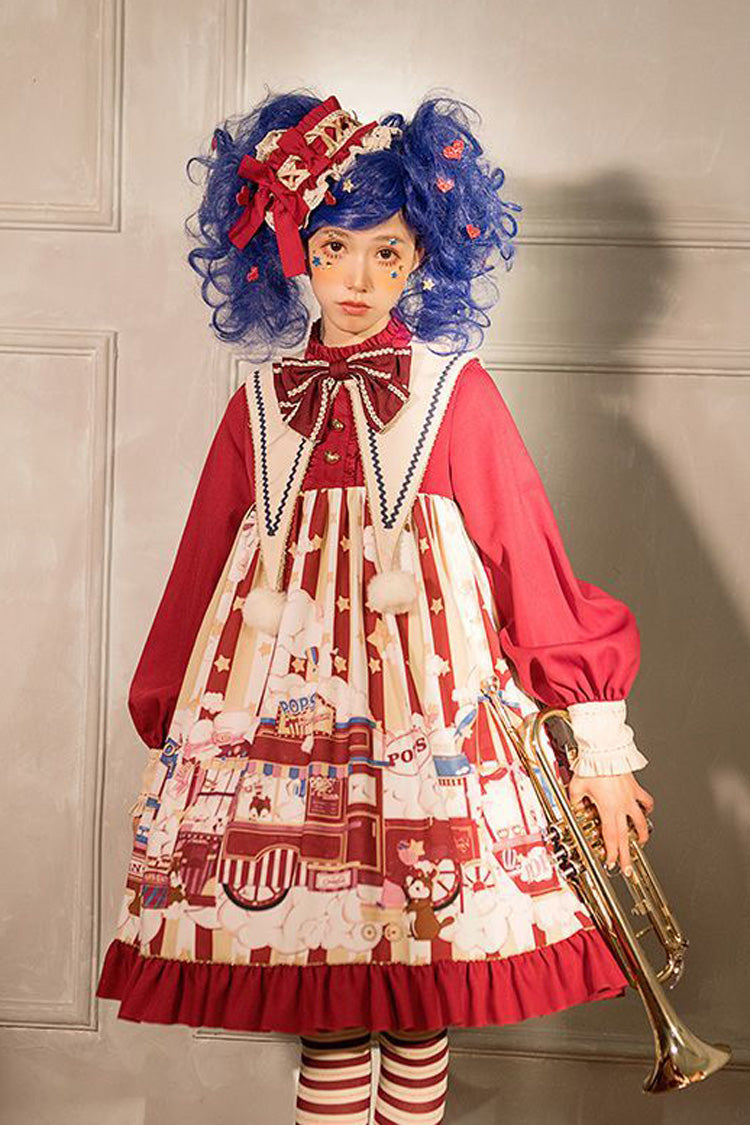Red Lapel Collar Bowknot Lantern Long Sleeved Popcorn Print Sweet Lolita OP Dress