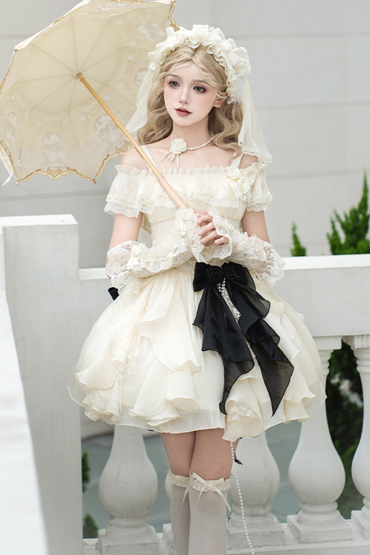 Ivory Moonlight Variations Sleeveless Ruffle Lace-Up Sweet Lolita Jsk Short Dress