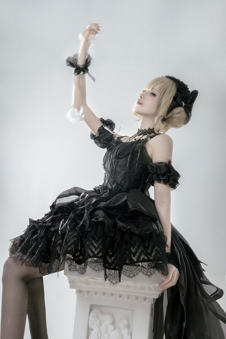 Black Rose Memoirs Sleeveless Multi-Layered Bowknot Lace Gothic Lolita Skirt Set