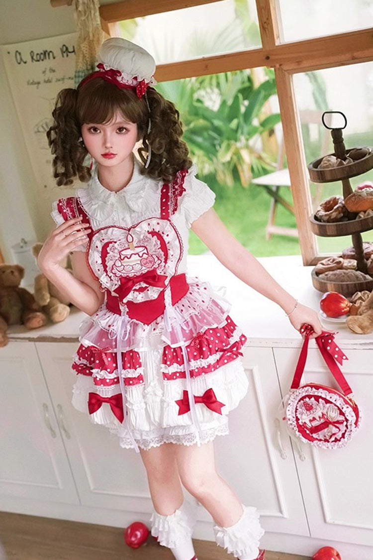 Red/White Twin Bears Birthday Cake Sleeveless Print Ruffle Bowknot Lace Sweet Lolita Small Flower Bud Dress