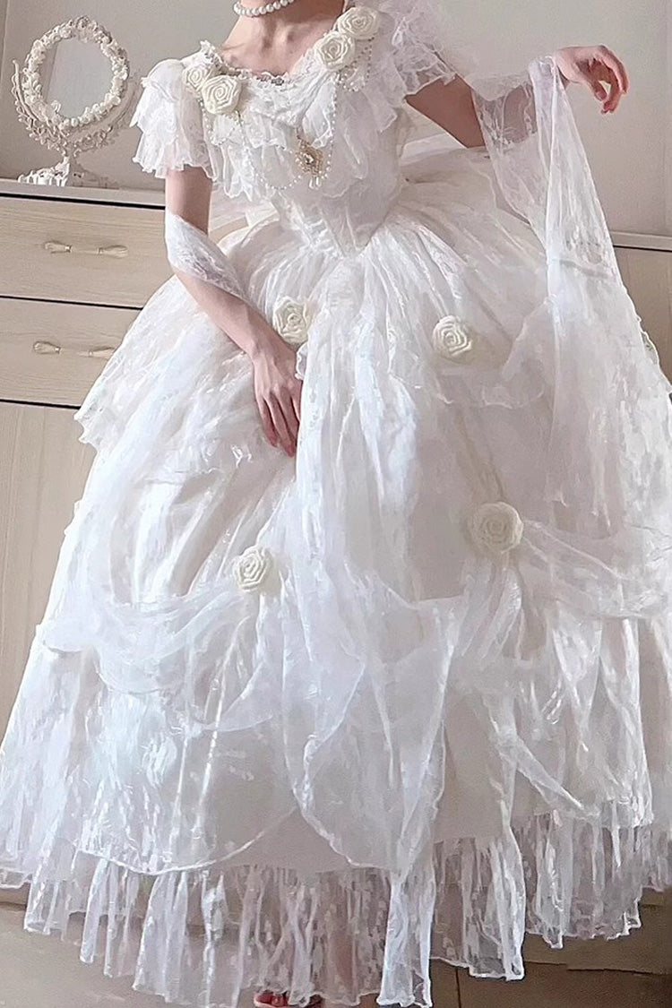 White Tana Manor Rose Flower Long Sleeves Ruffle Bowknot Elegant Sweet Princess Lolita Strapless Dress
