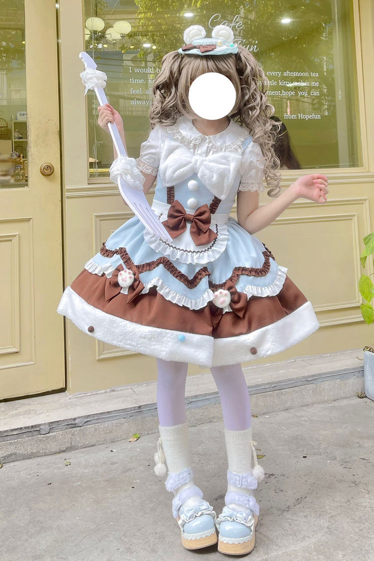 Blue/Brown Cream Snow Cat Winter Ruffle Bowknot Sweet Lolita Jsk Dress