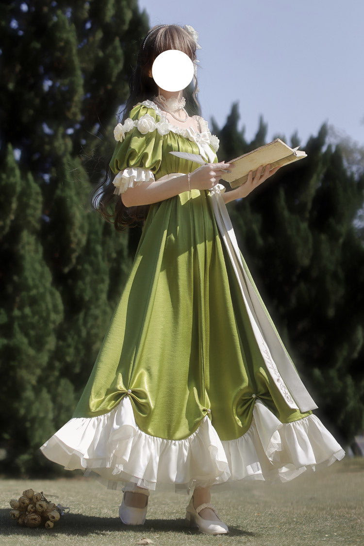 Green Square Collar Short Sleeves Ruffle Bowknot Sweet Regency-Style Vintage Lolita Dress
