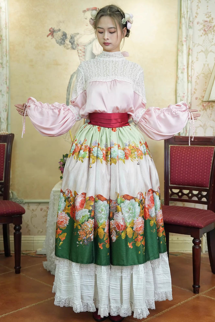 Green Rainy Season Garden Print Ruffle Sweet Classic Lolita Skirt