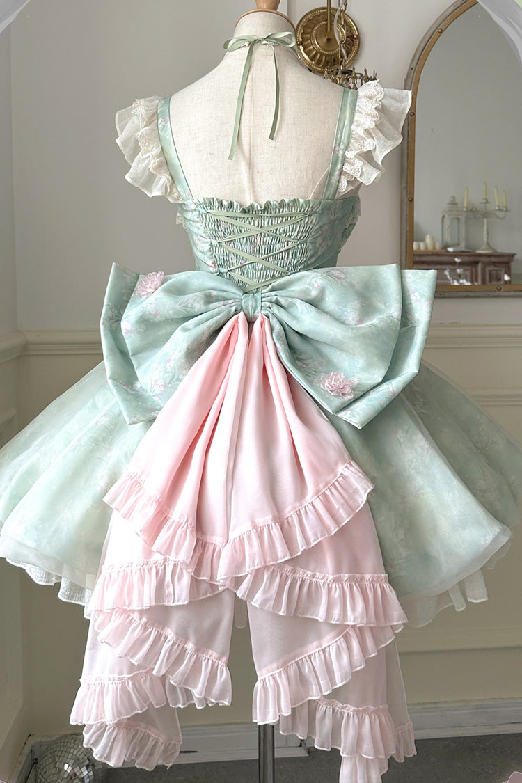 Green Flower Fairy Forest Garden Print Ruffle Bowknot Lace Sweet Lolita Dress