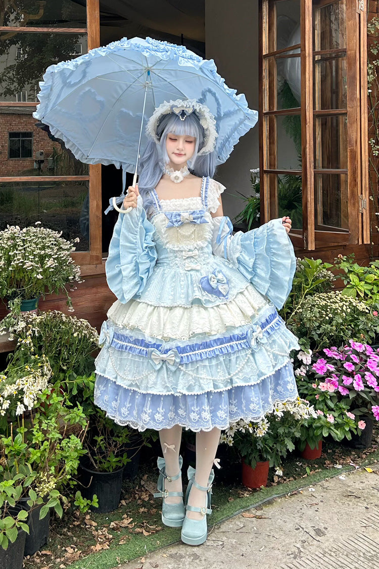 Blue Falling Sakura Multi-Layered Ruffled Hanayome Bow Lace Sweet Plus Size Princess Lolita Jsk Dress