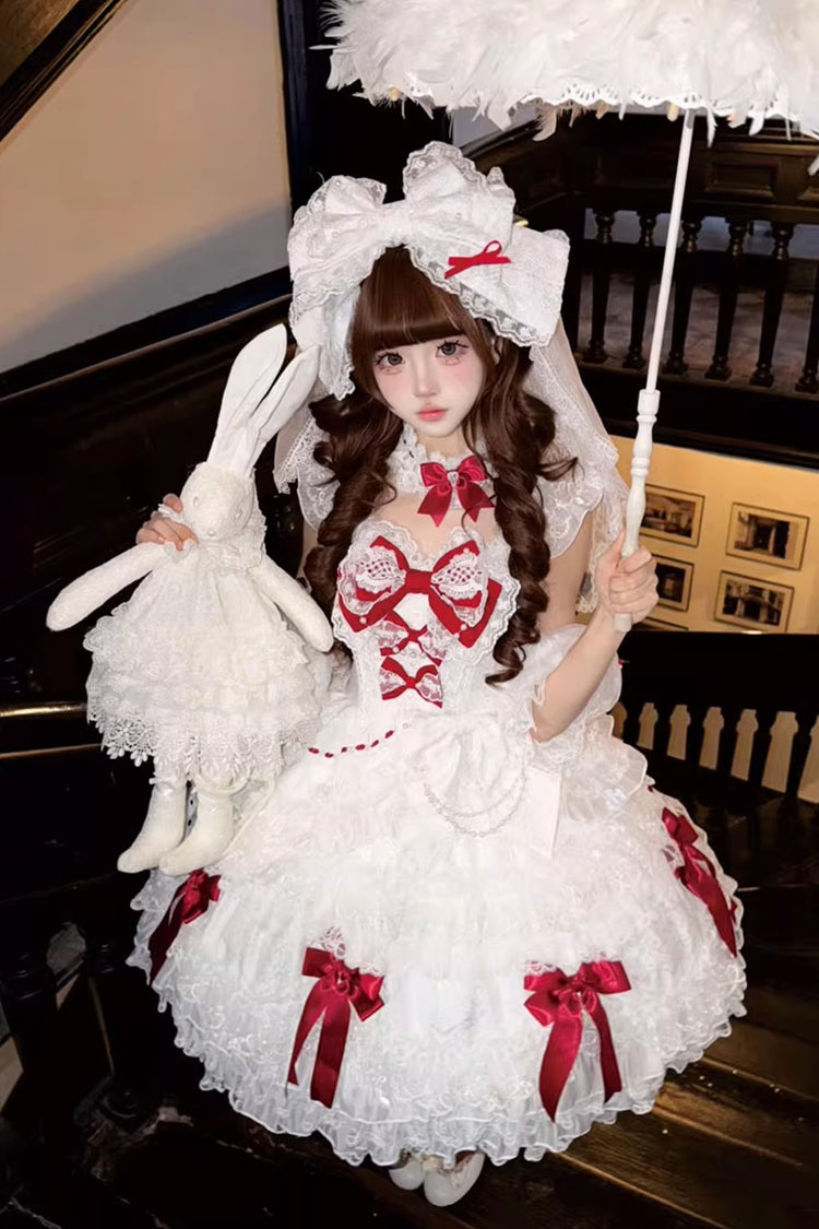White Dream of the Misty Moon Sleeveless Multi-Layered Ruffled Bow Lace Pearl-Decorated Sweet Princess Lolita Jsk Dress