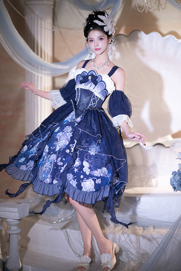 Blue Deep Sea Jellyfish Print Ruffle Lace Sweet Elegant Lolita Jsk Dress