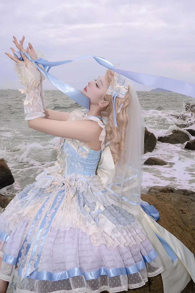 Blue Moonstone Sleeveless Ruffle Embroidery Bowknot Lace Fishbone Sweet Princess Lolita Dress