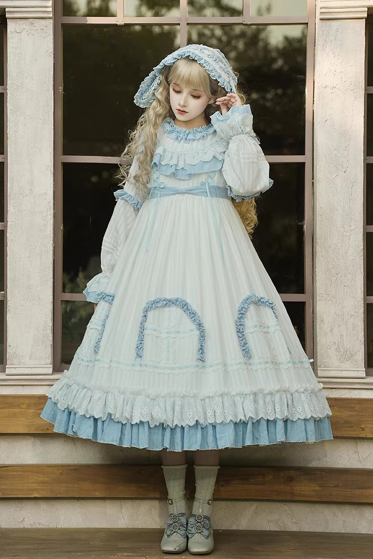 Blue Twin Lilian Round Collar Long Sleeves Double-Layered Ruffled Bow Lace-Up Sweet Lolita Dress