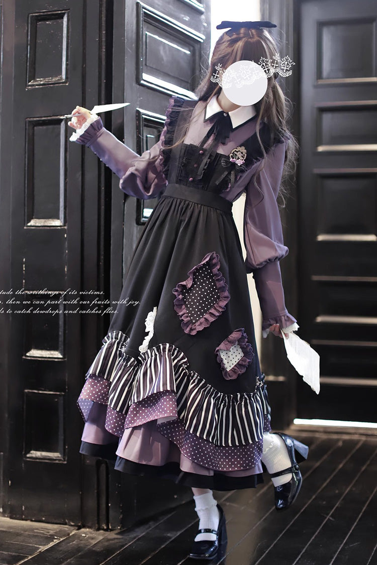 Black Witch Academy Double-Layered Stripe Print Ruffle Bowknot Irregular Sweet Lolita Jumper Dress
