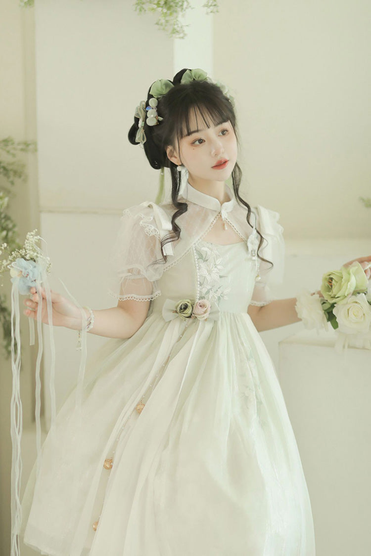 Mint Green Sleeveless Lily Embroidery Cute Lolita Jsk Dress