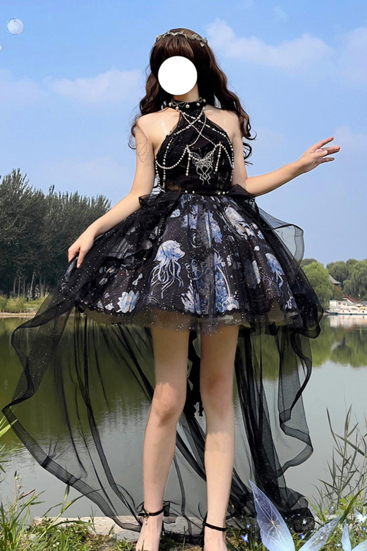 Blue Deep Sea Jellyfish Halterneck Sleeveless Print Embroidery Bowknot Lace Sweet Elegant Lolita Jsk Dress