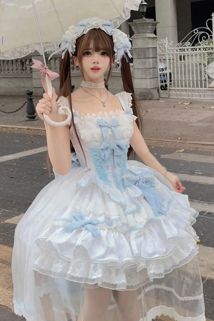Blue/White Clouds and Mist Multi-Layered Ruffle Bowknot Lace Sweet Princess Lolita Jsk Dress