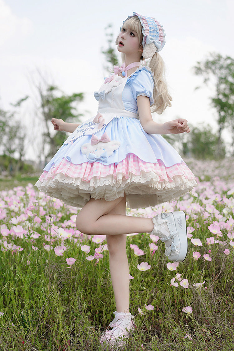 Blue/Pink Lamb Story Short Puff Sleeves Double-Layered Plaid Print Ruffle Bowknot Sweet Lolita Jsk Dress Set