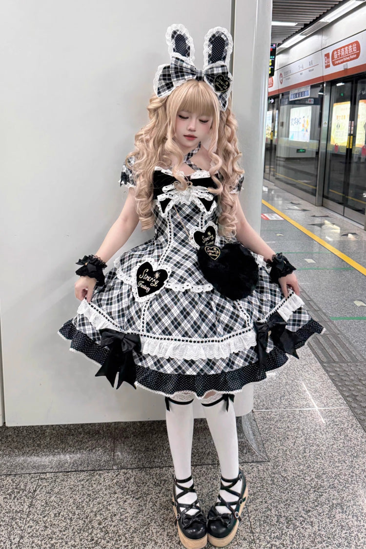 Black/White Shibuya Sweetheart Short Sleeves Plaid Print Ruffle Bowknot Sweet Lolita OP Dress (Plus Size Support)