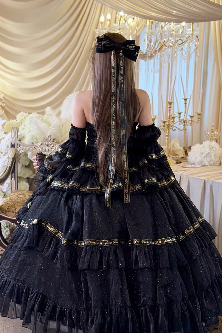 Black Obsidian Banquet Double-Layered Ruffled Hanayome Bow Lace Sweet Gothic Princess Lolita Jsk Dress