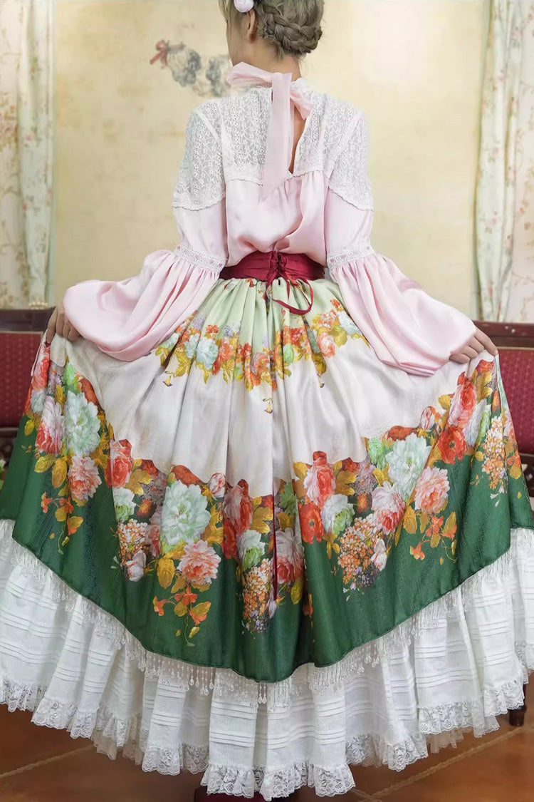 Green Rainy Season Garden Print Ruffle Sweet Classic Lolita Skirt