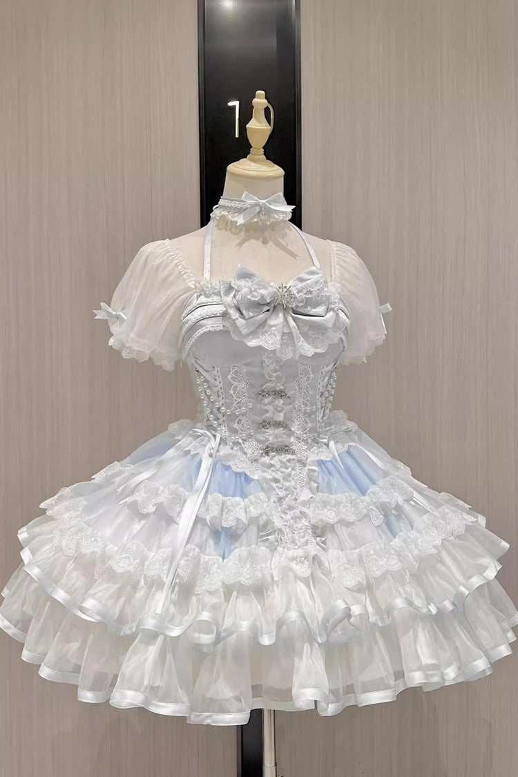 White/Blue Ice Dance Short Sleeves Multi-Layered Ruffle Embroidery Bowknot Lace Sweet Lolita Dress