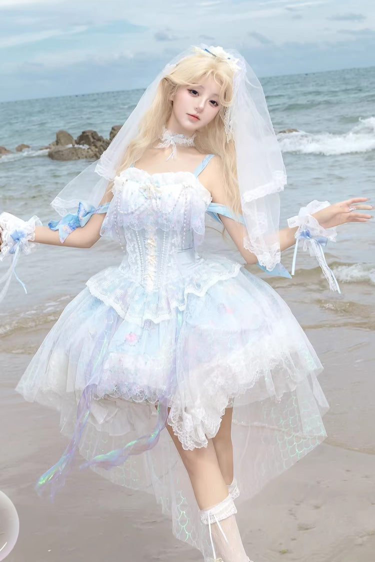 Sea Blue Mermaid's Tears Sleeveless Ombre Printed Hanayome Pearl-Decorated Sweet Lolita Jsk Dress Set