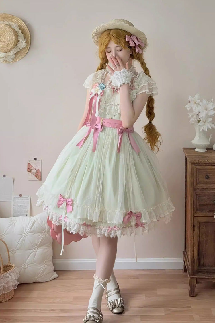 Green Sakura's Spring Resonance Sleeveless Ruffled Bow Sweet Lolita Jsk Dress (Short Version)